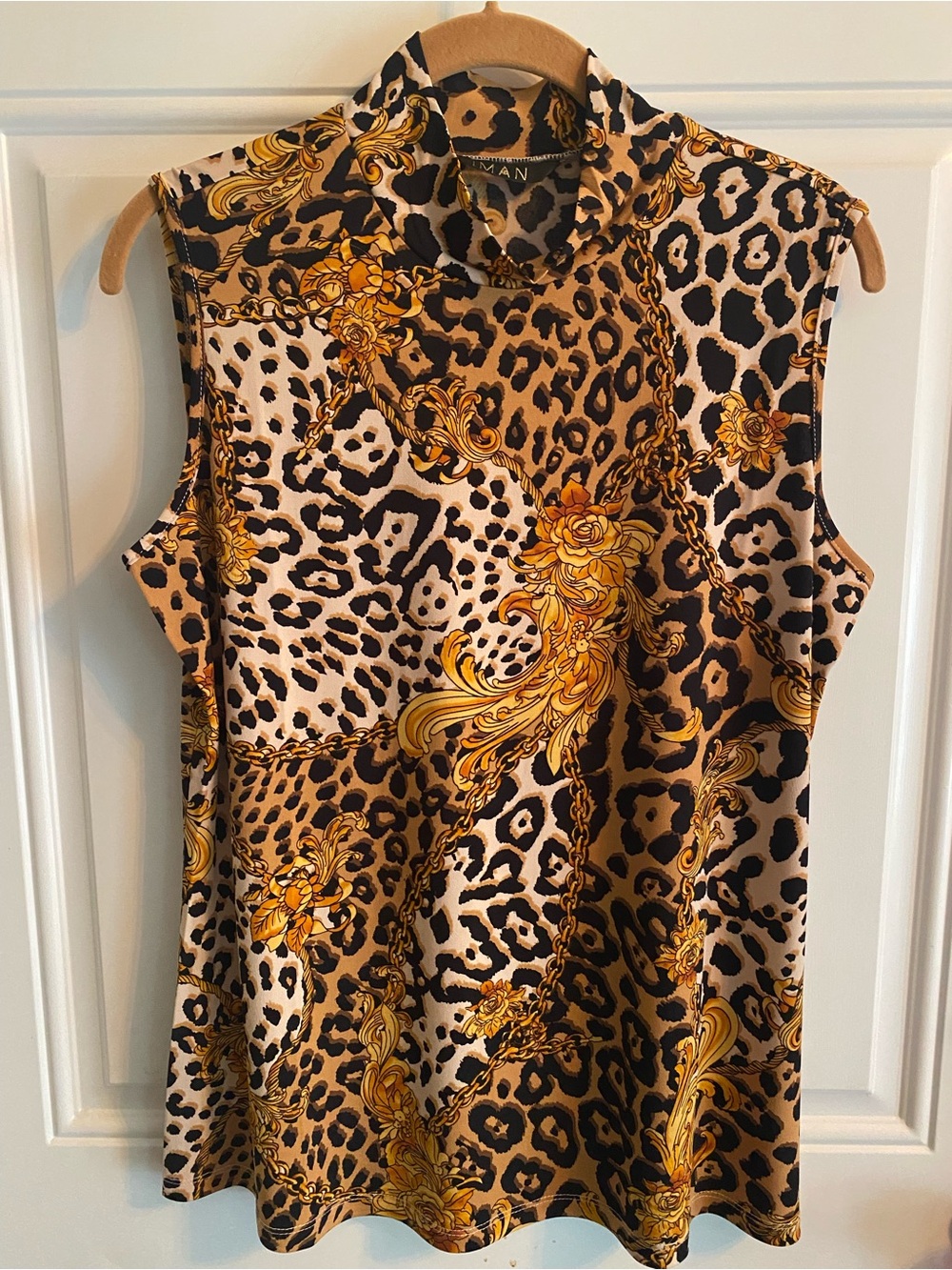 IMAN‎ Sleeveless Mock Neck top in Brown and Gold Leopard Scroll Print Size L